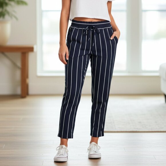 Zara Striped Trousers Pant High Rise Waist Straight Leg Crop Navy Blue Size XS - Picture 1 of 12